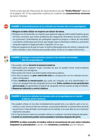 frente a este tipo de infecciones se recomienda el uso del “Doble Método” (descrito
en la página 13). En los siguientes cuadros se muestran las características comunes
de estos métodos.

CUADRO 1: Contraindicaciones de los métodos hormonales sólo con progestágenos
•	Ninguno se debe utilizar en mujeres con cáncer de mama.
•	 ampoco se recomiendan en mujeres que padezcan alguna enfermedad hepática grave
T
(cirrosis, tumores), que sufran problemas de coagulación (trombosis venosa, embolismo pulmonar), antecedentes de cardiopatía isquémica (angina o infarto de miocardio)
o accidente cerebrovascular (ictus), que tengan lupus eritematoso sistémico, presenten
sangrado vaginal no diagnosticado o migrañas con su uso.
•	 ay que asegurarse de que la mujer no esté embarazada antes de utilizar cualquiera de
H
estos métodos o ante retrasos pues pueden dañar al feto en su etapa embrionaria.
CUADRO 2: Ventajas e inconvenientes comunes a los métodos hormonales
	
sólo con progestágenos
•	 e pueden utilizar durante la lactancia materna.
S
•	 decuados para cualquier mujer, incluidas las que no pueden tomar anticonceptivos
A
hormonales con estrógenos.
•	 an protección frente a la enfermedad inflamatoria pélvica.
D
•	 on ellos se ejerce un peor control del ciclo en comparación con los métodos hormoC
nales combinados.
•	 odos modifican la menstruación que suele ser irregular, sin ciclo identificable o inT
cluso con desaparición del sangrado (amenorrea). Estos cambios no son perjudiciales
para la salud, recuperándose el patrón de sangrado normal cuando se deja el método.
•	 equieren indicación y control médicos.
R
CUADRO 3: Uso de los métodos hormonales sólo con progestágenos en relación
	
al aborto, parto y lactancia
•	 e pueden utilizar en los días inmediatamente posteriores a un aborto, pero si se coS
mienza a usar transcurrida una semana, se precisará además un preservativo durante
los primeros 7 días de haber comenzado con el método, si en esos días se va a mantener
relaciones sexuales.
•	 i no hay lactancia materna se pueden utilizar en cualquier momento después del parto.
S
•	Cuando se amamanta pueden usarse pasadas 6 semanas después del parto.
SIEMPRE se debe consultar al médico sobre la conveniencia de usar estos métodos
(requieren su prescripción) y acudir a las revisiones y controles que se indiquen.

23

 
