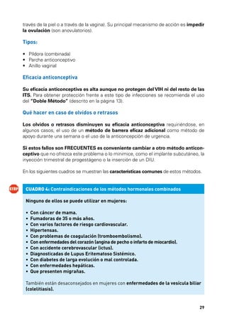 través de la piel o a través de la vagina). Su principal mecanismo de acción es impedir
la ovulación (son anovulatorios).

Tipos:
•	 Píldora (combinada)
•	 Parche anticonceptivo
•	 Anillo vaginal

Eficacia anticonceptiva
Su eficacia anticonceptiva es alta aunque no protegen del VIH ni del resto de las
ITS. Para obtener protección frente a este tipo de infecciones se recomienda el uso
del “Doble Método” (descrito en la página 13).

Qué hacer en caso de olvidos o retrasos
Los olvidos o retrasos disminuyen su eficacia anticonceptiva requiriéndose, en
algunos casos, el uso de un método de barrera eficaz adicional como método de
apoyo durante una semana o el uso de la anticoncepción de urgencia.
Si estos fallos son FRECUENTES es conveniente cambiar a otro método anticonceptivo que no ofrezca este problema o lo minimice, como el implante subcutáneo, la
inyección trimestral de progestágeno o la inserción de un DIU.
En los siguientes cuadros se muestran las características comunes de estos métodos.
CUADRO 4: Contraindicaciones de los métodos hormonales combinados
Ninguno de ellos se puede utilizar en mujeres:
•	 Con cáncer de mama.
•	 Fumadoras de 35 o más años.
•	 Con varios factores de riesgo cardiovascular.
•	 Hipertensas.
•	 Con problemas de coagulación (tromboembolismo).
•	 Con enfermedades del corazón (angina de pecho o infarto de miocardio).
•	 Con accidente cerebrovascular (ictus).
•	 Diagnosticadas de Lupus Eritematoso Sistémico.
•	 Con diabetes de larga evolución o mal controlada.
•	 Con enfermedades hepáticas.
•	 Que presenten migrañas.
También están desaconsejados en mujeres con enfermedades de la vesícula biliar
(colelitiasis).

29

 