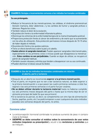 CUADRO 5: Ventajas e inconvenientes comunes a los métodos hormonales combinados
Su uso prolongado:
•	 educe la frecuencia de las menstruaciones, las cefaleas, el síndrome premenstrual
R
(tensión mamaria, dolor abdominal…) y los cambios de humor y sangrado profuso o
doloroso. Regula los ciclos.
•	También reduce el dolor de la ovulación.
•	Da protección frente a la enfermedad inflamatoria pélvica.
•	 isminuye los síntomas de la enfermedad benigna de la mama (mastopatía quística).
D
•	 roporciona protección frente al cáncer de endometrio y de ovario que va aumentando
P
con los años de utilización. Esta protección permanece incluso después de 10-15 años
de haber dejado el método.
•	 a protección frente a los quistes ováricos.
D
•	Tiene un efecto beneficioso sobre la piel y el cabello.
•	 uelen alterar el sangrado menstrual. Pueden aparecer sangrados intermenstruales,
S
especialmente en los primeros ciclos e incluso puede que desaparezca la menstruación. Estos cambios no son perjudiciales. Cuando se dejan de utilizar, se recupera el
patrón de sangrado habitual.
•	 ambién causan náuseas y vómitos que tienden a desaparecer con su uso continuado.
T
•	Pueden disminuir el deseo sexual (la libido).
CUADRO 6: Uso de los métodos hormonales combinados en relación
	
al aborto, parto y lactancia
•	Después de un aborto se recomienda esperar a la primera menstruación.
•	 ras el parto, en mujeres que no van a dar lactancia natural, se debe esperar a
T
la primera menstruación o a que pasen las cuatro primeras semanas si éste fue
vaginal o las seis primeras semanas si el parto fue por cesárea.
•	 o se deben utilizar durante la lactancia maternal hasta no haberse cumplido
N
los seis primeros meses después del parto o hasta que la misma deje de ser el
alimento principal del bebé (lo que sea primero).
•	 i la lactancia es parcial, es decir, se complementa con otro tipo de alimentación
S
(leche, papillas, purés, etc.) se podrá empezar a usar cualquiera de estos métodos
pasadas seis semanas después del parto, no antes.

Conviene saber
•	  a anticoncepción hormonal combinada no produce aumento de peso ni comproL
mete la fertilidad.
•	  IEMPRE se debe consultar al médico sobre la conveniencia de usar estos
S
métodos (requieren su prescripción) y acudir a las revisiones y controles que
se indiquen.

30

 