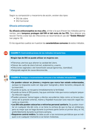 Tipos
Según su composición y mecanismo de acción, existen dos tipos:
•  DIU de cobre
•  DIU hormonal

Eficacia anticonceptiva
Su eficacia anticonceptiva es muy alta, similar a la que ofrecen los métodos permanentes, pero tampoco protegen del VIH ni del resto de las ITS. Para obtener protección frente a este tipo de infecciones se recomienda el uso del “Doble Método”
(ver página 13).
En los siguientes cuadros se muestran las características comunes de estos métodos.

CUADRO 7: Contraindicaciones de los métodos intrauterinos
Ningún tipo de DIU se puede utilizar en mujeres con:
•	Fibromas uterinos que alteren la cavidad del útero.
•	Cáncer de cuello de útero (cérvix), endometrio u ovario.
•	Infecciones vaginales o de transmisión sexual (gonorrea, clamidias).
•	Sangrado vaginal de causa desconocida.
CUADRO 8: Ventajas e inconvenientes comunes a los métodos intrauterinos
•	 e pueden colocar en jóvenes y mujeres que nunca han estado embarazadas,
S
aunque la respuesta suele ser algo peor (sangrado y dolor durante y después de
la inserción).
•	 uando se quita, se recupera inmediatamente la fertilidad.
C
•	 uando se tiene el DIU puesto, hay que controlar más que nunca cualquier pequeC
ña infección vaginal.
•	 ueden provocar hemorragias y efectos secundarios tales como un brusco desP
censo de la presión arterial, mareo y flojedad muscular (una reacción vagal) durante su inserción.
•	 os DIU sólo pueden colocarlos o retirarlos personal sanitario. Se pueden inserL
tar en cualquier día del ciclo, si se tiene la certeza de que no hay un embarazo,
pero es mejor que se haga durante la primera parte (entre el primer día y el 14),
preferiblemente durante la primera semana.
•	 equieren control médico. Se debe acudir a las revisiones periódicas que se indiR
quen o en cualquier momento si se tienen molestias.

39

 