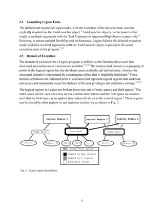 4
2.4 Launching Legion Tasks
The defined and registered Legion tasks, with the exception of the top-level task, must be
explicitly invoked via the TaskLauncher object.5
TaskLauncher objects can be passed either
single or multiple arguments with the TaskArgument or ArgumentMap objects, respectively.6
However, to ensure optimal flexibility and performance, Legion follows the delayed execution
model and does not bind arguments until the TaskLauncher object is passed to the actual
execution point in the program.5,10
2.5 Domain of Execution
The domain of execution for a Legion program is defined as the Domain object such that
structured and unstructured versions are available.5,6,10
The unstructured domain is a grouping of
points in the logical region that the developer must explicitly call and initialize, whereas the
structured domain is represented by a rectangular object that is implicitly initialized.6
These
domain definitions are validated prior to execution and represent logical regions that each task
can access and manipulate as per the dictates of the task privileges and coherence settings.5,6,10
The logical regions in Legion are broken down into sets of index spaces and field spaces.5
The
index space can be views as a row in row-column descriptions and the field space as columns
such that the field space is an applied description of entries in the current region.6
These regions
can be shared by other regions or can maintain exclusivity as shown in Fig. 3.
Fig. 3 Legion region descriptions
 