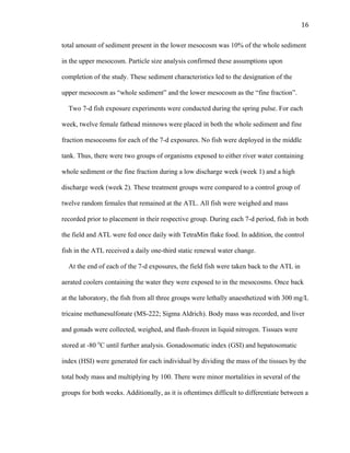16	
  
total amount of sediment present in the lower mesocosm was 10% of the whole sediment
in the upper mesocosm. Particle size analysis confirmed these assumptions upon
completion of the study. These sediment characteristics led to the designation of the
upper mesocosm as “whole sediment” and the lower mesocosm as the “fine fraction”.	
  
Two 7-d fish exposure experiments were conducted during the spring pulse. For each
week, twelve female fathead minnows were placed in both the whole sediment and fine
fraction mesocosms for each of the 7-d exposures. No fish were deployed in the middle
tank. Thus, there were two groups of organisms exposed to either river water containing
whole sediment or the fine fraction during a low discharge week (week 1) and a high
discharge week (week 2). These treatment groups were compared to a control group of
twelve random females that remained at the ATL. All fish were weighed and mass
recorded prior to placement in their respective group. During each 7-d period, fish in both
the field and ATL were fed once daily with TetraMin flake food. In addition, the control
fish in the ATL received a daily one-third static renewal water change.
At the end of each of the 7-d exposures, the field fish were taken back to the ATL in
aerated coolers containing the water they were exposed to in the mesocosms. Once back
at the laboratory, the fish from all three groups were lethally anaesthetized with 300 mg/L
tricaine methanesulfonate (MS-222; Sigma Aldrich). Body mass was recorded, and liver
and gonads were collected, weighed, and flash-frozen in liquid nitrogen. Tissues were
stored at -80 o
C until further analysis. Gonadosomatic index (GSI) and hepatosomatic
index (HSI) were generated for each individual by dividing the mass of the tissues by the
total body mass and multiplying by 100. There were minor mortalities in several of the
groups for both weeks. Additionally, as it is oftentimes difficult to differentiate between a
 