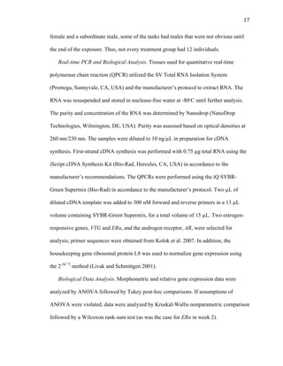 17	
  
female and a subordinate male, some of the tanks had males that were not obvious until
the end of the exposure. Thus, not every treatment group had 12 individuals.
Real-time PCR and Biological Analysis. Tissues used for quantitative real-time
polymerase chain reaction (QPCR) utilized the SV Total RNA Isolation System
(Promega, Sunnyvale, CA, USA) and the manufacturer’s protocol to extract RNA. The
RNA was resuspended and stored in nuclease-free water at -80ͦ C until further analysis.
The purity and concentration of the RNA was determined by Nanodrop (NanoDrop
Technologies, Wilmington, DE, USA). Purity was assessed based on optical densities at
260 nm/230 nm. The samples were diluted to 10 ng/µL in preparation for cDNA
synthesis. First-strand cDNA synthesis was performed with 0.75 µg total RNA using the
iScript cDNA Synthesis Kit (Bio-Rad, Hercules, CA, USA) in accordance to the
manufacturer’s recommendations. The QPCRs were performed using the iQ SYBR-
Green Supermix (Bio-Rad) in accordance to the manufacturer’s protocol. Two µL of
diluted cDNA template was added to 300 nM forward and reverse primers in a 13 µL
volume containing SYBR-Green Supermix, for a total volume of 15 µL. Two estrogen-
responsive genes, VTG and ERα, and the androgen receptor, AR, were selected for
analysis; primer sequences were obtained from Kolok et al. 2007. In addition, the
housekeeping gene ribosomal protein L8 was used to normalize gene expression using
the 2-ΔC’T
method (Livak and Schmittgen 2001).
Biological Data Analysis. Morphometric and relative gene expression data were
analyzed by ANOVA followed by Tukey post-hoc comparisons. If assumptions of
ANOVA were violated, data were analyzed by Kruskal-Wallis nonparametric comparison
followed by a Wilcoxon rank-sum test (as was the case for ERα in week 2).
 