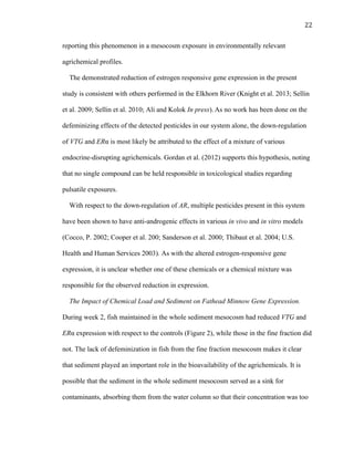 22	
  
reporting this phenomenon in a mesocosm exposure in environmentally relevant
agrichemical profiles.
The demonstrated reduction of estrogen responsive gene expression in the present
study is consistent with others performed in the Elkhorn River (Knight et al. 2013; Sellin
et al. 2009; Sellin et al. 2010; Ali and Kolok In press). As no work has been done on the
defeminizing effects of the detected pesticides in our system alone, the down-regulation
of VTG and ERα is most likely be attributed to the effect of a mixture of various
endocrine-disrupting agrichemicals. Gordan et al. (2012) supports this hypothesis, noting
that no single compound can be held responsible in toxicological studies regarding
pulsatile exposures.
With respect to the down-regulation of AR, multiple pesticides present in this system
have been shown to have anti-androgenic effects in various in vivo and in vitro models
(Cocco, P. 2002; Cooper et al. 200; Sanderson et al. 2000; Thibaut et al. 2004; U.S.
Health and Human Services 2003). As with the altered estrogen-responsive gene
expression, it is unclear whether one of these chemicals or a chemical mixture was
responsible for the observed reduction in expression.
The Impact of Chemical Load and Sediment on Fathead Minnow Gene Expression.
During week 2, fish maintained in the whole sediment mesocosm had reduced VTG and
ERα expression with respect to the controls (Figure 2), while those in the fine fraction did
not. The lack of defeminization in fish from the fine fraction mesocosm makes it clear
that sediment played an important role in the bioavailability of the agrichemicals. It is
possible that the sediment in the whole sediment mesocosm served as a sink for
contaminants, absorbing them from the water column so that their concentration was too
 