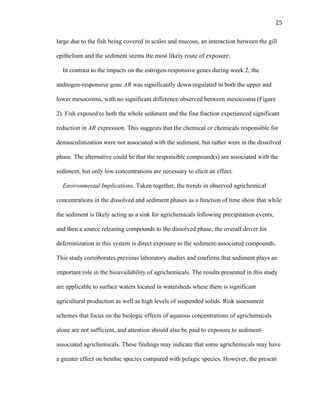 25	
  
large due to the fish being covered in scales and mucous, an interaction between the gill
epithelium and the sediment seems the most likely route of exposure. 	
  
In contrast to the impacts on the estrogen-responsive genes during week 2, the
androgen-responsive gene AR was significantly down-regulated in both the upper and
lower mesocosms, with no significant difference observed between mesocosms (Figure
2). Fish exposed to both the whole sediment and the fine fraction experienced significant
reduction in AR expression. This suggests that the chemical or chemicals responsible for
demasculinization were not associated with the sediment, but rather were in the dissolved
phase. The alternative could be that the responsible compound(s) are associated with the
sediment, but only low concentrations are necessary to elicit an effect.
Environmental Implications. Taken together, the trends in observed agrichemical
concentrations in the dissolved and sediment phases as a function of time show that while
the sediment is likely acting as a sink for agrichemicals following precipitation events,
and then a source releasing compounds to the dissolved phase, the overall driver for
defeminization in this system is direct exposure to the sediment-associated compounds.
This study corroborates previous laboratory studies and confirms that sediment plays an
important role in the bioavailability of agrichemicals. The results presented in this study
are applicable to surface waters located in watersheds where there is significant
agricultural production as well as high levels of suspended solids. Risk assessment
schemes that focus on the biologic effects of aqueous concentrations of agrichemicals
alone are not sufficient, and attention should also be paid to exposure to sediment-
associated agrichemicals. These findings may indicate that some agrichemicals may have
a greater effect on benthic species compared with pelagic species. However, the present
 