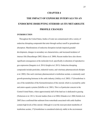 27	
  
CHAPTER 4
THE IMPACT OF EXPOSURE INTERVALS TO AN
ENDOCRINE DISRUPTING STEROID AS ITS METABOLITE
PROFILE CHANGES
INTRODUCTION
Throughout the United States, bodies of water are contaminated with a variety of
endocrine disrupting compounds that enter through surface runoff or groundwater
absorption. Manifestations of endocrine disruption include impaired gonadal
development, changes in secondary sex characteristics, and increased incidence of
intersex fish (Daxenberger 2002; Kloas et al. 2009). Recent studies have also shown
significant consequences at the molecular level, specifically in alteration of reproductive
gen expression (Sangster et al. 2014; Knight et al. 2013). Endocrine disrupting
compounds include pesticides, industrial wastes, and veterinary pharmaceuticals (Kolpin
et al. 2002). One such veterinary pharmaceutical is trenbolone acetate, a commonly used
growth-promoting hormone in the cattle industry (Ankley et al. 2003). 17-β-trenbolone is
one of the metabolites of the biotransformation of this steroid, which is excreted by cattle
and enters aquatic systems (Schiffer et al. 2001). This is of particular concern in the
Central United States, where approximately half of the land use is dedicated to grazing
(Nickerson et al. 2011). Several studies (Soto et al 2004; Orlando et al. 2004; Kolok et al.
2007) have confirmed that sediment from watersheds associated with cattle feedlots
contain high levels of this steroid. Although it is not the most prevalent metabolite of
trenbolone acetate, 17-β-trenbolone is considered relatively stable in the environment
 
