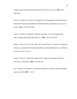 51	
  
confined animal feeding operation (CAFO) runoff. Environ Sci Tecnol, 2012, 46(7),
3803-3810.
Writer, J.H.; Barber, L.B.; Ryan, J.N.; Bradley, P.M. Biodegradation and Attenuation of
Steroidal Hormones and Alkylphenols by Stream Biofilms and Sediments. Environ. Sci.
Technol. 2011, 45 (10), 4370-4376.
Yang, S.; Carlson, K. Evolution of antibiotic occurrence in a river through pristine,
urban, and agricultural landscapes. Water Res, 2003, 37(19), 4645-4656.
Zhang, Y.; Krysl, R.G.; Ali, J.M.; Snow, D.D.; Bartelt-Hunt, S. L.; Kolok, A.S. Impact of
sediment on agrichemical fate and bioavailability to adult fathead minnows: a field study.
Environ Sci Tech, In review.
Zhang, Y.; Zhou, J.L. Occurrence and removal of endocrine disrupting chemicals in
wastewater. Chemosphere, 2008, 73(5), 848-853.
Zou, E. Impacts of xenobiotics on crustacean molting: the invisible endocrine disruption.
Integr Comp Biol, 2005, 45, 33-38.
 