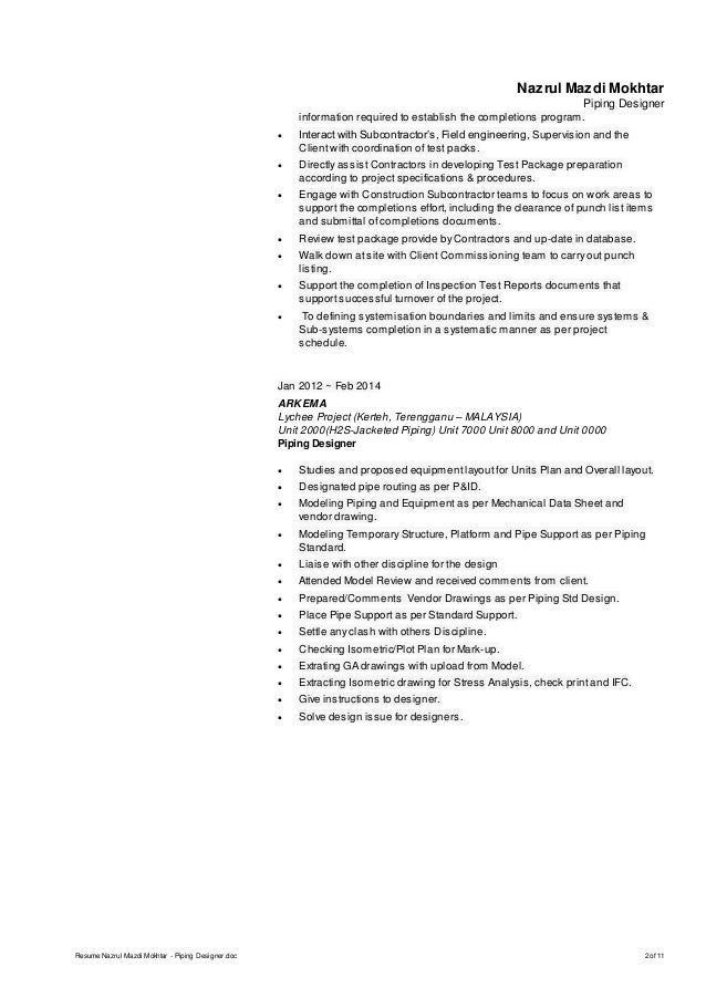 piping designer resume