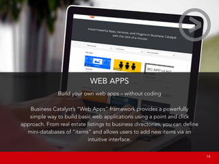 Build your own web apps – without coding
Business Catalyst’s “Web Apps” framework provides a powerfully
simple way to build basic web applications using a point and click
approach. From real estate listings to business directories, you can define
mini-databases of “items” and allows users to add new items via an
intuitive interface.
WEB APPS
								 14
 