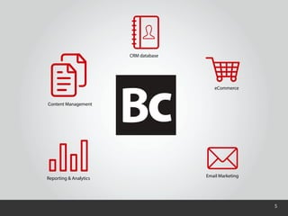 Content Management
CRM database
Reporting & Analytics
eCommerce
Email Marketing
								 5
 