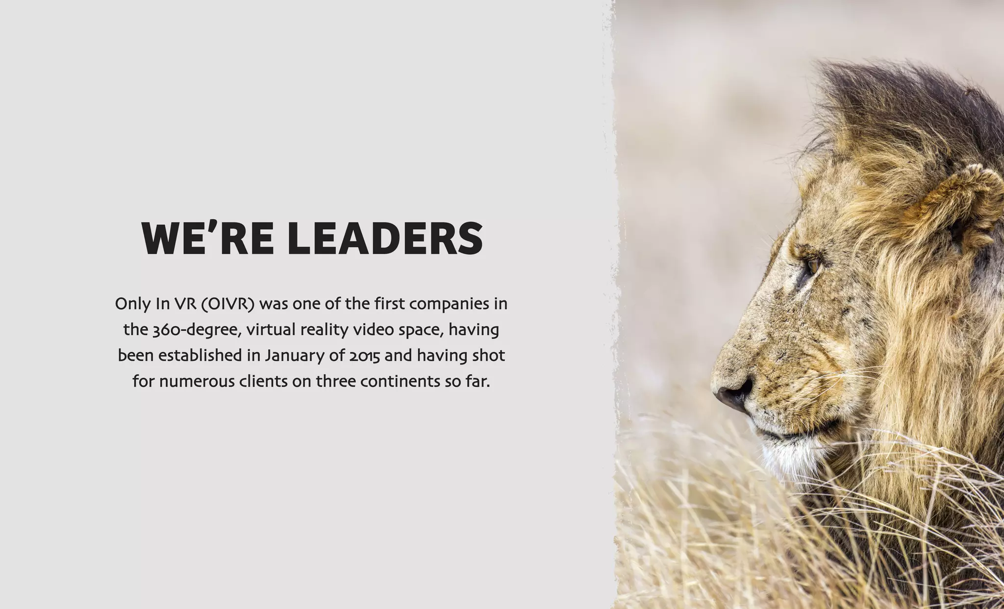 WE’RE LEADERS
Only In VR (OIVR) was one of the first companies in
the 360-degree, virtual reality video space, having
been established in January of 2015 and having shot
for numerous clients on three continents so far.
 