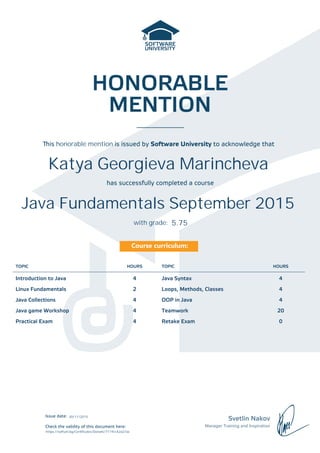 HONORABLE
MENTION
Svetlin Nakov
Manager Training and Inspiration
Issue date:
Check the validity of this document here:
Course curriculum:
has successfully completed a course
with grade:
is honorable mention is issued by Software University to acknowledge that
TOPIC HOURS TOPIC HOURS
Introduction to Java 4 Java Syntax 4
Linux Fundamentals 2 Loops, Methods, Classes 4
Java Collections 4 OOP in Java 4
Java game Workshop 4 Teamwork 20
Practical Exam 4 Retake Exam 0
30/11/2015
https://softuni.bg/Certificates/Details/7119/c42a27ac
Java Fundamentals September 2015
Katya Georgieva Marincheva
5.75
 