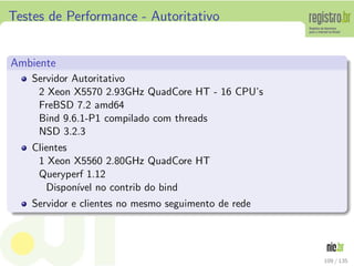 Testes de Performance - Autoritativo
Ambiente
Servidor Autoritativo
2 Xeon X5570 2.93GHz QuadCore HT - 16 CPU’s
FreBSD 7.2 amd64
Bind 9.6.1-P1 compilado com threads
NSD 3.2.3
Clientes
1 Xeon X5560 2.80GHz QuadCore HT
Queryperf 1.12
Dispon´ıvel no contrib do bind
Servidor e clientes no mesmo seguimento de rede
109 / 135
 