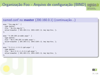 Organiza¸c˜ao Foo - Arquivo de conﬁgura¸c˜ao (BIND)
named.conf no master (200.160.0.1) (continua¸c˜ao...)
zone ‘‘foo.eng.br’’ {
type master;
file ‘‘db.foo.eng.br’’;
allow-transfer { 200.160.0.2; 2001:12ff::2; key key-foo; };
};
zone ‘‘0.160.200.in-addr.arpa’’ {
type master;
file ‘‘db.0.160.200.in-addr.arpa’’;
allow-transfer { 200.160.0.2; 2001:12ff::2; key key-foo; };
};
zone ‘‘f.f.2.1.1.0.0.2.ip6.arpa’’ {
type master;
file ‘‘db.f.f.2.1.1.0.0.2.ip6.arpa’’;
allow-transfer { 200.160.0.2; 2001:12ff::2; key key-foo; };
};
37 / 135
 