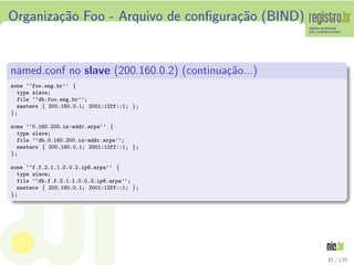 Organiza¸c˜ao Foo - Arquivo de conﬁgura¸c˜ao (BIND)
named.conf no slave (200.160.0.2) (continua¸c˜ao...)
zone ‘‘foo.eng.br’’ {
type slave;
file ‘‘db.foo.eng.br’’;
masters { 200.160.0.1; 2001:12ff::1; };
};
zone ‘‘0.160.200.in-addr.arpa’’ {
type slave;
file ‘‘db.0.160.200.in-addr.arpa’’;
masters { 200.160.0.1; 2001:12ff::1; };
};
zone ‘‘f.f.2.1.1.0.0.2.ip6.arpa’’ {
type slave;
file ‘‘db.f.f.2.1.1.0.0.2.ip6.arpa’’;
masters { 200.160.0.1; 2001:12ff::1; };
};
39 / 135
 