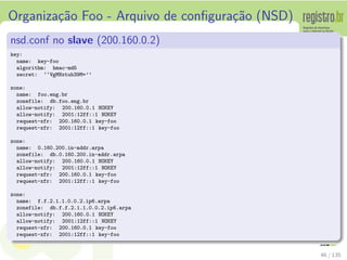 Organiza¸c˜ao Foo - Arquivo de conﬁgura¸c˜ao (NSD)
nsd.conf no slave (200.160.0.2)
key:
name: key-foo
algorithm: hmac-md5
secret: ‘‘VgMNxtub39M=’’
zone:
name: foo.eng.br
zonefile: db.foo.eng.br
allow-notify: 200.160.0.1 NOKEY
allow-notify: 2001:12ff::1 NOKEY
request-xfr: 200.160.0.1 key-foo
request-xfr: 2001:12ff::1 key-foo
zone:
name: 0.160.200.in-addr.arpa
zonefile: db.0.160.200.in-addr.arpa
allow-notify: 200.160.0.1 NOKEY
allow-notify: 2001:12ff::1 NOKEY
request-xfr: 200.160.0.1 key-foo
request-xfr: 2001:12ff::1 key-foo
zone:
name: f.f.2.1.1.0.0.2.ip6.arpa
zonefile: db.f.f.2.1.1.0.0.2.ip6.arpa
allow-notify: 200.160.0.1 NOKEY
allow-notify: 2001:12ff::1 NOKEY
request-xfr: 200.160.0.1 key-foo
request-xfr: 2001:12ff::1 key-foo
46 / 135
 