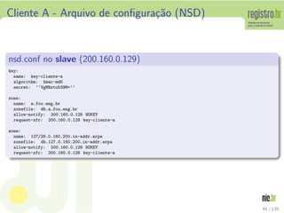 Cliente A - Arquivo de conﬁgura¸c˜ao (NSD)
nsd.conf no slave (200.160.0.129)
key:
name: key-cliente-a
algorithm: hmac-md5
secret: ‘‘VgMNxtub39M=’’
zone:
name: a.foo.eng.br
zonefile: db.a.foo.eng.br
allow-notify: 200.160.0.128 NOKEY
request-xfr: 200.160.0.128 key-cliente-a
zone:
name: 127/28.0.160.200.in-addr.arpa
zonefile: db.127.0.160.200.in-addr.arpa
allow-notify: 200.160.0.128 NOKEY
request-xfr: 200.160.0.128 key-cliente-a
48 / 135
 
