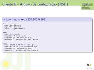Cliente B - Arquivo de conﬁgura¸c˜ao (NSD)
nsd.conf no slave (200.160.0.193)
key:
name: key-cliente-b
algorithm: hmac-md5
secret: ‘‘VgMNxtub39M=’’
zone:
name: b.foo.eng.br
zonefile: db.b.foo.eng.br
allow-notify: 200.160.0.192 NOKEY
request-xfr: 200.160.0.192 key-cliente-b
zone:
name: 191/26.0.160.200.in-addr.arpa
zonefile: db.191.0.160.200.in-addr.arpa
allow-notify: 200.160.0.192 NOKEY
request-xfr: 200.160.0.192 key-cliente-b
50 / 135
 