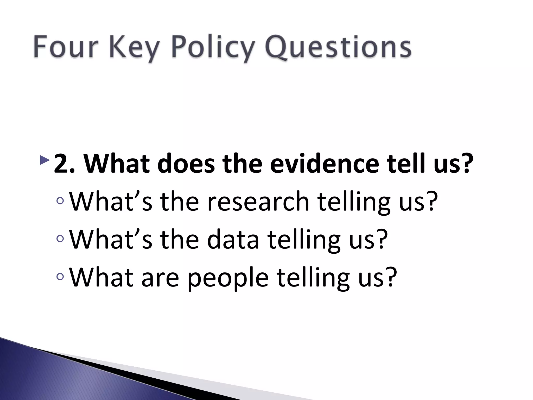 2. What does the evidence tell us?
◦What’s the research telling us?
◦What’s the data telling us?
◦What are people telling us?
 