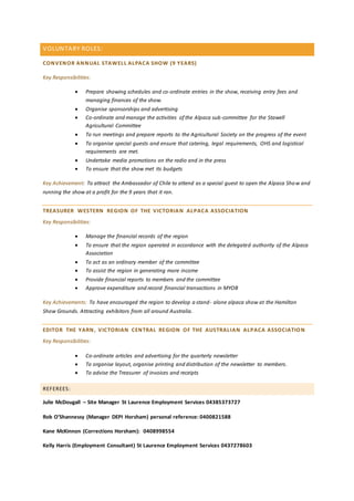 VOLUNTARY ROLES:
CONVENOR ANNUAL STAWELL ALPACA SHOW (9 YEARS)
Key Responsibilities:
 Prepare showing schedules and co-ordinate entries in the show, receiving entry fees and
managing finances of the show.
 Organise sponsorships and advertising
 Co-ordinate and manage the activities of the Alpaca sub-committee for the Stawell
Agricultural Committee
 To run meetings and prepare reports to the Agricultural Society on the progress of the event
 To organise special guests and ensure that catering, legal requirements, OHS and logistical
requirements are met.
 Undertake media promotions on the radio and in the press
 To ensure that the show met its budgets
Key Achievement: To attract the Ambassador of Chile to attend as a special guest to open the Alpaca Show and
running the show at a profit for the 9 years that it ran.
TREASURER WESTERN REGION OF THE VICTORIAN ALPACA ASSOCIATION
Key Responsibilities:
 Manage the financial records of the region
 To ensure that the region operated in accordance with the delegated authority of the Alpaca
Association
 To act as an ordinary member of the committee
 To assist the region in generating more income
 Provide financial reports to members and the committee
 Approve expenditure and record financial transactions in MYOB
Key Achievements: To have encouraged the region to develop a stand- alone alpaca show at the Hamilton
Show Grounds. Attracting exhibitors from all around Australia.
EDITOR THE YARN, VICTORIAN CENTRAL REGION OF THE AUSTRALIAN ALPACA ASSOCIATION
Key Responsibilities:
 Co-ordinate articles and advertising for the quarterly newsletter
 To organise layout, organise printing and distribution of the newsletter to members.
 To advise the Treasurer of invoices and receipts
REFEREES:
Julie McDougall – Site Manager St Laurence Employment Services 04385373727
Rob O’Shannessy (Manager DEPI Horsham) personal reference: 0400821588
Kane McKinnon (Corrections Horsham): 0408998554
Kelly Harris (Employment Consultant) St Laurence Employment Services 0437278603
 