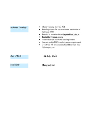 In-house Trainings • Basic Training for First Aid
• Training course for environmental awareness in
February 2000
• Trained in Introduction to Supervision course
• Train the Trainer course
• Humidification and water cooling course.
• Internal on job/HSE trainings as per requirement.
• OTS Urea-5/6 process simulator Honywell base
Unisim process.
04 July, 1969Date of Birth
Nationality Bangladeshi
 