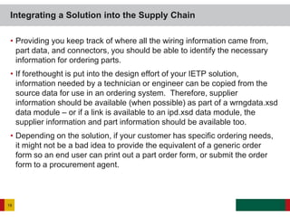 • Providing you keep track of where all the wiring information came from,
part data, and connectors, you should be able to identify the necessary
information for ordering parts.
• If forethought is put into the design effort of your IETP solution,
information needed by a technician or engineer can be copied from the
source data for use in an ordering system. Therefore, supplier
information should be available (when possible) as part of a wrngdata.xsd
data module – or if a link is available to an ipd.xsd data module, the
supplier information and part information should be available too.
• Depending on the solution, if your customer has specific ordering needs,
it might not be a bad idea to provide the equivalent of a generic order
form so an end user can print out a part order form, or submit the order
form to a procurement agent.
Integrating a Solution into the Supply Chain
18
 