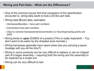 • One of the common issues first time navigators of the specification
encounter is, wiring data starts to look a lot like part data
• Wiring data IS part data, examples:
– Harnesses/Bundles – have part numbers
– Connectors have part numbers
– Clips to connect harnesses/wires/connectors to mounting/routing points are
parts
• Wiring tends to span ZONES of a product (This is really important! – You
don’t want to be eaten by the dreaded zone monster.)
• Wiring harnesses generally have spare wires (are you carrying a spare
fuselage with you all the time?)
• Wiring in some products can be very difficult to replace or are an integral
part of a larger assembly – requiring both the wiring and the assembly to
be replaced as a single unit
• Wiring can be very difficult to test
Wiring and Part Data – What are the Differences?
4
 