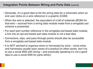 • Generally, it’s a good idea to list the wiring data for a schematic when an
end user clicks on a wire reference in a graphic (CGM)
• When the wire is selected, the equivalent of a bill of materials (BOM) for
that wire – sourced from a wiring data module made from a wrngdata.xsd
schema is presented.
• For each part number reference in the wrngdata.xsd based data module,
a link into an ipd.xsd based part data module is not a bad idea
• Connectors, clips, and pass through points should also be accessible
from a wrngdata.xsd based data module
• It is NOT advised to organize wires or harnesses by zone – since wires
and harnesses usually span zones of a product (in other words, don’t try
to use a zonal SNS with wiring – and practically speaking it’s not a good
idea to use a zonal SNS for parts either)
Integration Points Between Wiring and Parts Data (cont’d)
8
 