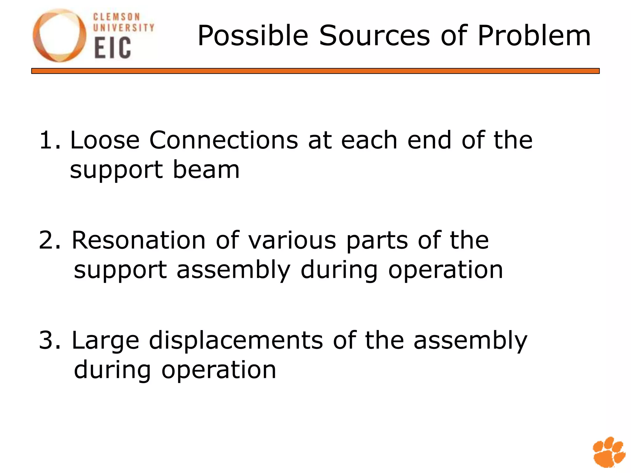 Possible Sources of Problem
1. Loose Connections at each end of the
support beam
2. Resonation of various parts of the
support assembly during operation
3. Large displacements of the assembly
during operation
 
