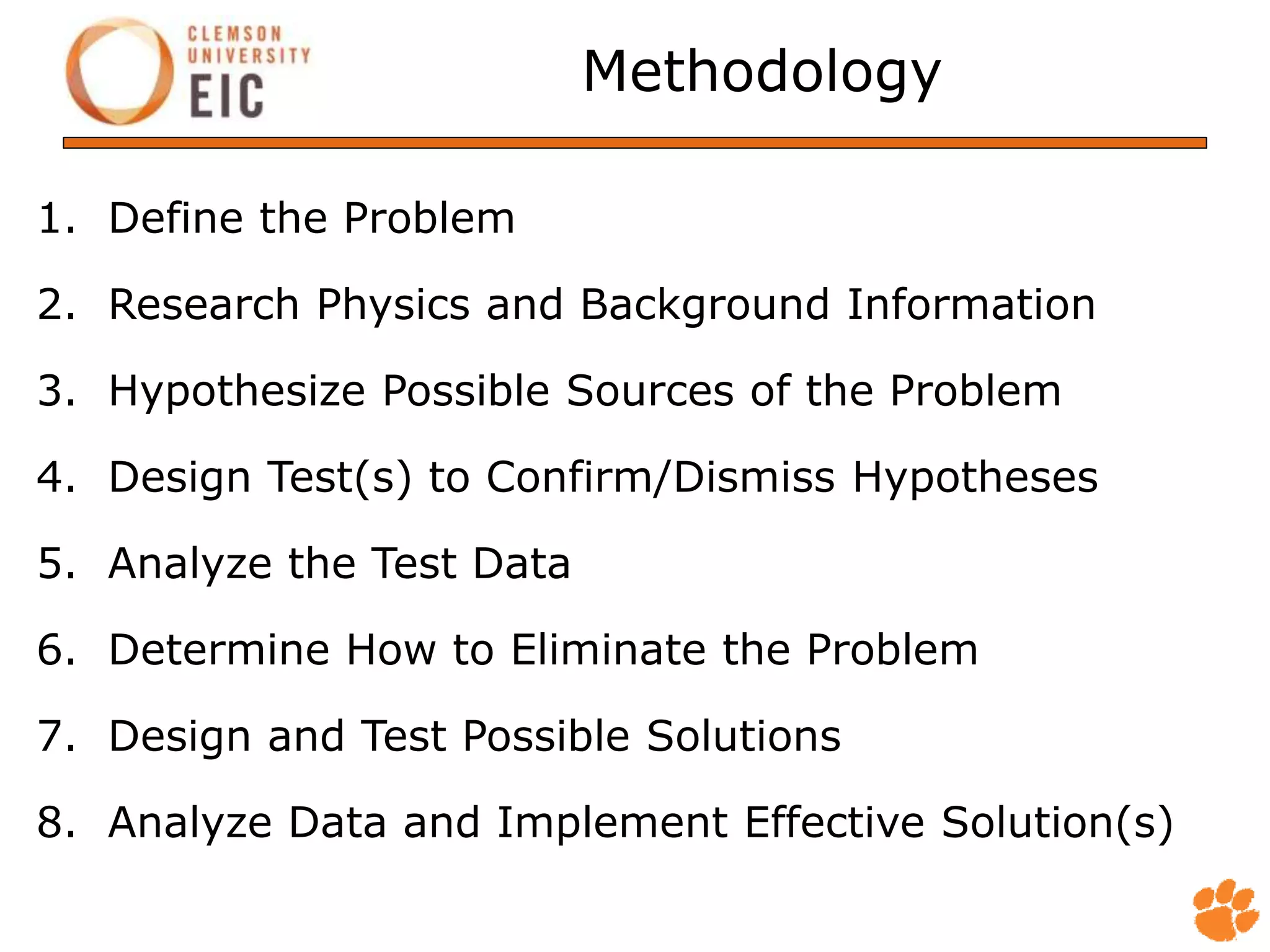 Methodology
1. Define the Problem
2. Research Physics and Background Information
3. Hypothesize Possible Sources of the Problem
4. Design Test(s) to Confirm/Dismiss Hypotheses
5. Analyze the Test Data
6. Determine How to Eliminate the Problem
7. Design and Test Possible Solutions
8. Analyze Data and Implement Effective Solution(s)
 