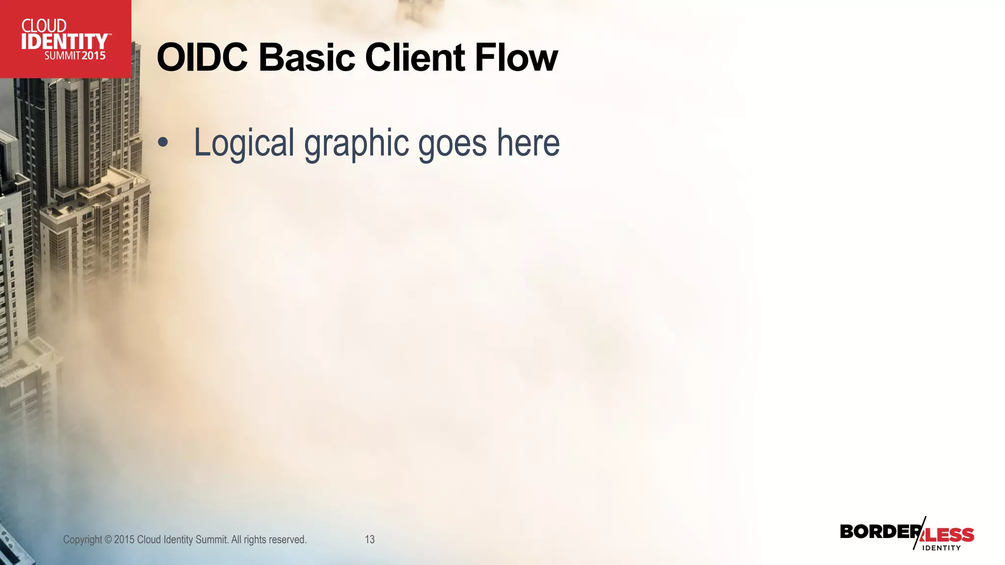 OIDC Basic Client Flow
•  Logical graphic goes here
Copyright © 2015 Cloud Identity Summit. All rights reserved. 13
 