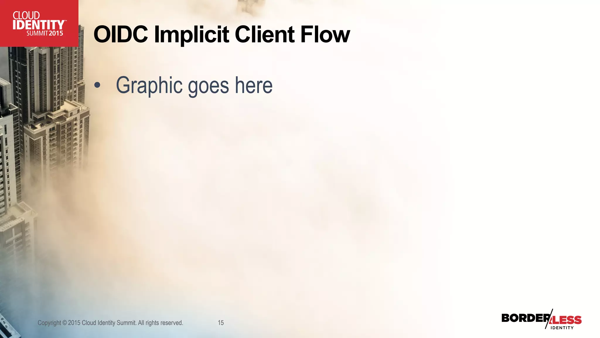 OIDC Implicit Client Flow
•  Graphic goes here
Copyright © 2015 Cloud Identity Summit. All rights reserved. 15
 