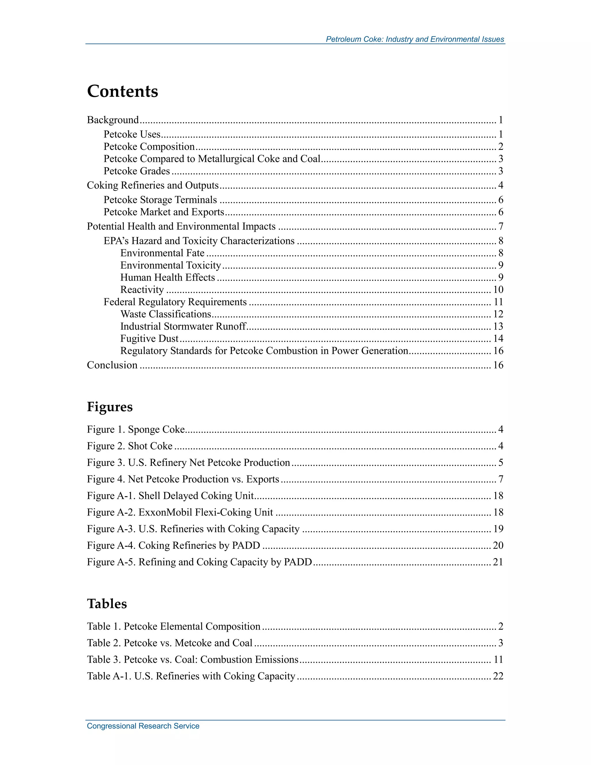 Petroleum Coke: Industry and Environmental Issues
Congressional Research Service
Contents
Background...................................................................................................................................... 1
Petcoke Uses.............................................................................................................................. 1
Petcoke Composition................................................................................................................. 2
Petcoke Compared to Metallurgical Coke and Coal.................................................................. 3
Petcoke Grades.......................................................................................................................... 3
Coking Refineries and Outputs........................................................................................................ 4
Petcoke Storage Terminals ........................................................................................................ 6
Petcoke Market and Exports...................................................................................................... 6
Potential Health and Environmental Impacts .................................................................................. 7
EPA’s Hazard and Toxicity Characterizations ........................................................................... 8
Environmental Fate ............................................................................................................. 8
Environmental Toxicity.......................................................................................................9
Human Health Effects ......................................................................................................... 9
Reactivity .......................................................................................................................... 10
Federal Regulatory Requirements ........................................................................................... 11
Waste Classifications......................................................................................................... 12
Industrial Stormwater Runoff............................................................................................ 13
Fugitive Dust..................................................................................................................... 14
Regulatory Standards for Petcoke Combustion in Power Generation............................... 16
Conclusion .................................................................................................................................... 16
Figures
Figure 1. Sponge Coke..................................................................................................................... 4
Figure 2. Shot Coke ......................................................................................................................... 4
Figure 3. U.S. Refinery Net Petcoke Production............................................................................. 5
Figure 4. Net Petcoke Production vs. Exports................................................................................. 7
Figure A-1. Shell Delayed Coking Unit......................................................................................... 18
Figure A-2. ExxonMobil Flexi-Coking Unit ................................................................................. 18
Figure A-3. U.S. Refineries with Coking Capacity ....................................................................... 19
Figure A-4. Coking Refineries by PADD ...................................................................................... 20
Figure A-5. Refining and Coking Capacity by PADD................................................................... 21
Tables
Table 1. Petcoke Elemental Composition........................................................................................2
Table 2. Petcoke vs. Metcoke and Coal........................................................................................... 3
Table 3. Petcoke vs. Coal: Combustion Emissions........................................................................ 11
Table A-1. U.S. Refineries with Coking Capacity......................................................................... 22
 
