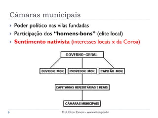 Câmaras municipais
 Poder político nas vilas fundadas
 Participação dos “homens-bons” (elite local)
 Sentimento nativista (interesses locais x da Coroa)
Prof. Elton Zanoni - www.elton.pro.br
 