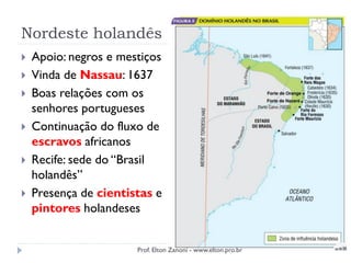 Nordeste holandês
 Apoio: negros e mestiços
 Vinda de Nassau: 1637
 Boas relações com os
senhores portugueses
 Continuação do fluxo de
escravos africanos
 Recife: sede do “Brasil
holandês”
 Presença de cientistas e
pintores holandeses
Prof. Elton Zanoni - www.elton.pro.br
 