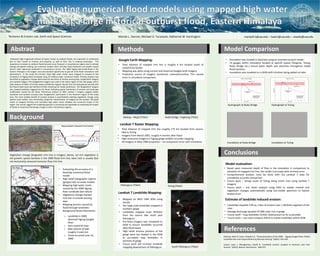 Mariah L. Danner, Michael D. Turzewski, Katherine W. Huntington
Abstract
Background
Methods Model Comparison
Conclusions
References
Infrequent high-magnitude releases of water, known as outburst floods, are important to understand
due to their hazard to humans and property, as well as their role in shaping landscapes. This
importance increases as outburst floods become more frequent in mountainous regions due to climate
change and glacial melting, yet numerical models which simulate flood hydraulics and predict hazard
haven’t been rigorously evaluated in mountainous terrain. The 2000 Yigong dam-break-flood in the
Eastern Himalaya is the largest, best documented opportunity to ground truth flood simulations with
observations. In this study the trimline, flood high water marks, were mapped to compare to the
inundation of Yigong flood simulated using 2D shallow water numerical model. Trimline position was
identified by vegetation change determined by two kinds of remote sensing data, GoogleEarth imagery
and Landsat imagery. The GoogleEarth imagery was used in the Indian region of the river-gorge, with a
total distance of 564m of trimline being confidently mapped. Results from the data gained overlaid with
the flood model show well defined trimline matching the model predictions. The GoogleEarth imagery
also showed landslides triggered by the flood, indicating spatial distribution of erosion and landscape
modification caused by the flood. Preliminary analysis of 2001 Landsat 7 imagery suggests better
resolution and location accuracy than GoogleEarth, particularly in the Northern region of the study
area. The most notable benefit of Landsat analysis is quantitatively isolating vegetation change using
specific band widths, thus eliminating subjective interpretation of imagery by the analyst. The good
match of mapped trimlines and simulated high water marks validates the numerical model in this
region. Our results suggest this modeling approach is promising and applicable to evaluating the impact
of floods on hazard and landscape change in other mountainous regions.
Delaney, Keith B, Evans, Stephen G. “Characterization of the 2000 Yigong Zangbo River (Tibet)
Landslide Dam and Impoundment by Remote Sensing” (2001): 543-559
Larsen, Isaac J, Montgomery, David R. “Landslide erosion coupled to tectonics and river
incision” (2012): Nature: Geoscience : 468-473
Vegetation change designates trim line in imagery. Dense, sal rich vegetation is
old growth; sparse bamboo is the 2000 flood trim line; bare rock is usually (but
not exclusively) seasonal monsoon flow trim line.
Boleng – Mopit (Tibet) Nubo Bridge, Yingkiong (Tibet)
Pailongcun (Tibet) Tuting (Tibet)
South Pailongcun (Tibet)
Hydrograph at Nubo Bridge Hydrograph at Tuting
Inundation at Nubo Bridge Inundation at Tuting
Google Earth Mapping:
Landsat 7 Raster Mapping:
Landsat 7 Landslide Mapping:
• Evaluating the accuracy of a
GeoClaw numerical flood
model
• High relief topographic regions
(gorges) lack accurate models
• Mapping high water marks
caused by the 2000 Yigong
River Landslide dam failure
• Vegetation change marked
trim line in remote sensing
data
• Mapping erosion caused by
flood through landslides
• Background flood information:
o Landslide in 2000
dammed Yigong Zangbo
River
o Dam lasted 62 days
o Max volume of lake
roughly 3 cubic km
o Flood occurred June 10,
2000
Tectonics & Erosion Lab, Earth and Space Sciences mariad11@uw.edu – kate1@uw.edu – zewski@uw.edu
• Total distance of mapped trim line is roughly 4 km located south of
India/China border
• Mapping was done using current and historical Google Earth Imagery
• Projection source of imagery sometimes unknown/unclear. This caused
error in simulation comparison.
• Total distance of mapped trim line roughly 172 km located from source
lake to Tuting
• Imagery from March 2001, roughly 4 months after flood
• High resolution imagery in Yigong gorge enables accurate mapping
• All imagery in WGS 1984 projection – no comparison error with simulation
• Mapped on WGS 1984 DEM using
ArcGIS
• Ten large scale landslides mapped in
northern gorge
• Landslides mapped cover 38.81km
from the source lake south past
Pailongcun
• Pre-flood imagery was compared to
DEM to ensure landslides occurred
after flood event
• High relief, sinuous portions of the
gorge were too shaded in the DEM
to accurately map landslides in
portions of gorge
• Future work will increase landslide
mapping downstream of Pailongcun
• Simulation was created in GeoClaw using an inverted tsunami model
• 14 gauges within simulation located at specific places (Tangmai, Tuting,
Nubo Bridge etc.) record water depth and velocities throughout model
flood duration
• Inundation was modeled on a DEM with trimlines being added on later
• Based upon measured depth of flow in the simulation in comparison to
elevation of mapped trim line, the model is accurate with minimal error
• Comprehensive analysis must be done with full Landsat 7 data for
completely accurate comparison
• Future work – remap south of Tuting along entire river using Landsat 7
imagery
• Future work – use raster analysis using ENVI to isolate mineral and
vegetation changes automatically using non-visible spectrum to reduce
analyst error
• Landslides equaled 2.94 sq. miles of erosion over a 38.81km segment of the
river
• Average discharge equaled 47,000 cubic m/s in gorge
• Future work – map landslides further downstream as far as possible
• Future work – use raster analysis (ENVI) to isolate landslides within DEM
Model evaluation:
Estimate of landslide induced erosion:
 
