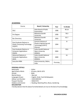 5
ACADEMIA
Course Board / University Year % /Grade
SSLC
State Board of Public
Examination
1988
86.16
Pre Degree
Mahatma Gandhi
University
1990
78.3
Bsc Chemistry
Mahatma Gandhi
University
1993
81.7
Post Graduate Diploma in
Plastic Processing Technology
PGDPPT
Central Institute of
Plastics Engineering and
Technology (CIPET),
Chennai
1994
B
Post Graduate Diploma in
Computer Applications
PGDCA
Indira Gandhi National
Open University
(IGNOU)
2004
59.6
Advanced Diploma in
Computer Applications
ADCA
Indira Gandhi National
Open University
(IGNOU)
2009
61
Executive MBA ICFAI University, Sikkim,
India
Pursuing
PERSONAL DETAILS
Nationality : Indian
Age & Date of Birth : 43 years, 08-05-1973
Gender : Male
Marital Status : Married
Languages Known : English, Hindi, Tamil & Malayalam
Adhaar card Number : 416311845433
Passport Number : M3017374
Hobbies and Interest : Reading, Watching films, Music, Gardening
DECLARATION
I hereby declare that the above-furnished details are true to the best of my knowledge.
BINUMON GEORGE
 