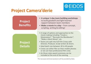 Project	
  Camera’derie	
  	
  
• A	
  unique	
  1-­‐day	
  team	
  building	
  workshops	
  
to	
  build	
  goodwill	
  and	
  light-­‐hearted	
  
rapport	
  between	
  team	
  members	
  
• Make	
  a	
  movie	
  in	
  a	
  day	
  –	
  from	
  concept,	
  
scrip5ng,	
  wri5ng	
  &	
  edi5ng!	
  
Project	
  
Beneﬁts	
  
• A	
  range	
  of	
  op5ons	
  and	
  approaches	
  to	
  the	
  
movie	
  making	
  including	
  “Create	
  a	
  
Masterpiece”,	
  “Recreate	
  the	
  Blockbuster”,	
  
“Make	
  a	
  Silent	
  Movie”,	
  etc.	
  
• Teams	
  are	
  split	
  into	
  full	
  Film	
  Crews	
  with	
  
Director,	
  Producer,	
  Script	
  writers	
  &	
  Actors.	
  
• Ideal	
  batch	
  size	
  between	
  30	
  to	
  40	
  people	
  
• Crews	
  can	
  either	
  ﬁlm	
  on	
  their	
  mobile	
  phones	
  
or	
  we	
  can	
  have	
  professional	
  ﬁlm	
  crew.	
  
• An	
  Oscar-­‐style	
  award	
  ceremony	
  can	
  be	
  
included	
  at	
  the	
  end	
  of	
  the	
  evening.	
  
Project	
  
Details	
  
The	
  necessary	
  technical	
  assistance	
  will	
  be	
  provided	
  by	
  Eidos.	
  
 