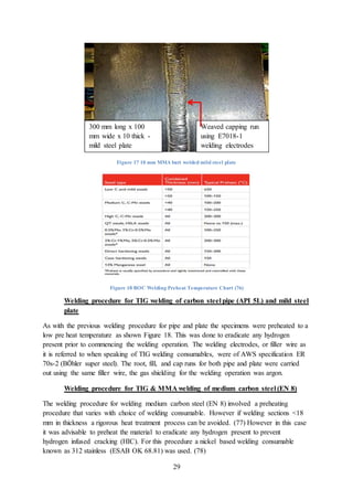 29
Figure 17 10 mm MMA butt welded mild steel plate
Figure 18 BOC Welding Preheat Temperature Chart (76)
Welding procedure for TIG welding of carbon steel pipe (API 5L) and mild steel
plate
As with the previous welding procedure for pipe and plate the specimens were preheated to a
low pre heat temperature as shown Figure 18. This was done to eradicate any hydrogen
present prior to commencing the welding operation. The welding electrodes, or filler wire as
it is referred to when speaking of TIG welding consumables, were of AWS specification ER
70s-2 (BÖhler super steel). The root, fill, and cap runs for both pipe and plate were carried
out using the same filler wire, the gas shielding for the welding operation was argon.
Welding procedure for TIG & MMA welding of medium carbon steel (EN 8)
The welding procedure for welding medium carbon steel (EN 8) involved a preheating
procedure that varies with choice of welding consumable. However if welding sections <18
mm in thickness a rigorous heat treatment process can be avoided. (77) However in this case
it was advisable to preheat the material to eradicate any hydrogen present to prevent
hydrogen infused cracking (HIC). For this procedure a nickel based welding consumable
known as 312 stainless (ESAB OK 68.81) was used. (78)
300 mm long x 100
mm wide x 10 thick -
mild steel plate
Weaved capping run
using E7018-1
welding electrodes
 