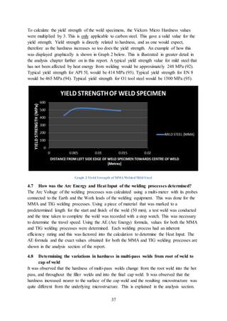 37
To calculate the yield strength of the weld specimens, the Vickers Micro Hardness values
were multiplied by 3. This is only applicable to carbon steel. This gave a valid value for the
yield strength. Yield strength is directly related to hardness, and as one would expect,
therefore as the hardness increases so too does the yield strength. An example of how this
was displayed graphically is shown in Graph 2 below. This is illustrated in greater detail in
the analysis chapter further on in this report. A typical yield strength value for mild steel that
has not been affected by heat energy from welding would be approximately 248 MPa (92).
Typical yield strength for API 5L would be 414 MPa (93). Typical yield strength for EN 8
would be 465 MPa (94). Typical yield strength for O1 tool steel would be 1500 MPa (95).
Graph 2 Yield Strength of MMA Welded Mild Steel
4.7 How was the Arc Energy and Heat Input of the welding processes determined?
The Arc Voltage of the welding processes was calculated using a multi-meter with its probes
connected to the Earth and the Work leads of the welding equipment. This was done for the
MMA and TIG welding processes. Using a piece of material that was marked to a
predetermined length for the start and finish of the weld (50 mm), a test weld was conducted
and the time taken to complete the weld was recorded with a stop watch. This was necessary
to determine the travel speed. Using the AE (Arc Energy) formula, values for both the MMA
and TIG welding processes were determined. Each welding process had an inherent
efficiency rating and this was factored into the calculation to determine the Heat Input. The
AE formula and the exact values obtained for both the MMA and TIG welding processes are
shown in the analysis section of the report.
4.8 Determining the variations in hardness in multi-pass welds from root of weld to
cap of weld
It was observed that the hardness of multi-pass welds change from the root weld into the hot
pass, and throughout the filler welds and into the final cap weld. It was observed that the
hardness increased nearer to the surface of the cap weld and the resulting microstructure was
quite different from the underlying microstructure. This is explained in the analysis section.
 