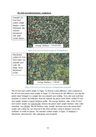 41
O1 Tool steel microstructure comparison
Figure 32 O1 Tool Steel Control Sample 20 x 10 Magnification
Figure 33 O1 Tool Steel Parent Metal 20 x 10 Magnification (Annealed)
The O1 tool steel control sample in Figure 32 showed a stark difference when compared to
the O1 tool steel parent metal sample in Figure 33. One reason for this difference was that the
parent metal belonged to a sample that was annealed post welding. Even after post weld heat
treatment to remove the brittleness from the material the parent metal MMA welded O1 tool
steel sample retained a typical hardness profile. The average hardness value of the O1 tool
steel control sample was 218.933 HV, whereas the parent metal sample hardness value (after
annealing) was 150 HV. But the hardness value steadily increased across the parent metal
sample and a sharp rise was observed in the HAZ and then a drop in hardness across the
weldment as would be typical. The annealed welded sample in Figure 33 displayed a
discoloured microstructure after undergoing heat treatment.
Average Hardness = 218.933 HV
Average Hardness = 150 HV
Annealed O1
Tool Steel
control sample
displays a dark
Martensitic like
structure
interspersed
with small
Ferrite clusters.
Discoloured
welded O1 Tool
Steel which was
annealed post
weld. The
image shows
discoloured
Ferrite.
 