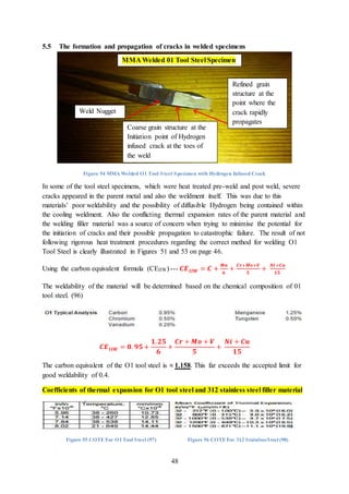 48
5.5 The formation and propagation of cracks in welded specimens
Figure 54 MMA Welded O1 Tool Steel Specimen with Hydrogen Infused Crack
In some of the tool steel specimens, which were heat treated pre-weld and post weld, severe
cracks appeared in the parent metal and also the weldment itself. This was due to this
materials’ poor weldability and the possibility of diffusible Hydrogen being contained within
the cooling weldment. Also the conflicting thermal expansion rates of the parent material and
the welding filler material was a source of concern when trying to minimise the potential for
the initiation of cracks and their possible propagation to catastrophic failure. The result of not
following rigorous heat treatment procedures regarding the correct method for welding O1
Tool Steel is clearly illustrated in Figures 51 and 53 on page 46.
Using the carbon equivalent formula (CEIIW) --- 𝑪𝑬 𝑰𝑰𝑾 = 𝑪 +
𝑴𝒏
𝟔
+
𝑪𝒓+𝑴𝒐+𝑽
𝟓
+
𝑵𝒊+𝑪𝒖
𝟏𝟓
The weldability of the material will be determined based on the chemical composition of 01
tool steel. (96)
𝑪𝑬 𝑰𝑰𝑾 = 𝟎. 𝟗𝟓 +
𝟏. 𝟐𝟓
𝟔
+
𝑪𝒓 + 𝑴𝒐 + 𝑽
𝟓
+
𝑵𝒊 + 𝑪𝒖
𝟏𝟓
The carbon equivalent of the O1 tool steel is ≈ 1.158. This far exceeds the accepted limit for
good weldability of 0.4.
Coefficients of thermal expansion for O1 tool steel and 312 stainless steel filler material
Figure 55 COTE For O1 Tool Steel (97) Figure 56 COTE For 312 StainlessSteel (98)
Weld Nugget
Coarse grain structure at the
Initiation point of Hydrogen
infused crack at the toes of
the weld
Refined grain
structure at the
point where the
crack rapidly
propagates
MMA Welded 01 Tool Steel Specimen
 
