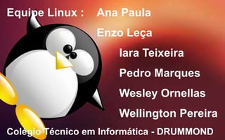 Equipe Linux : Ana Paula
Enzo Leça
Iara Teixeira
Pedro Marques
Wesley Ornellas
Wellington Pereira
Colégio Técnico em Informática - DRUMMOND
 