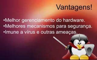 Vantagens!
•Melhor gerenciamento do hardware.
•Melhores mecanismos para segurança.
•Imune a vírus e outras ameaças.
 