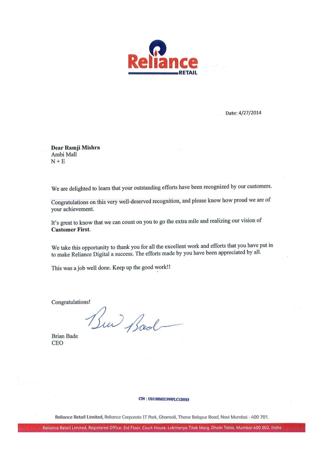 Apprecition letter_Reliance