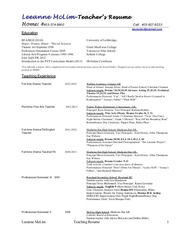 Drama Teacher Resumes Teaching Resume Template Resumes