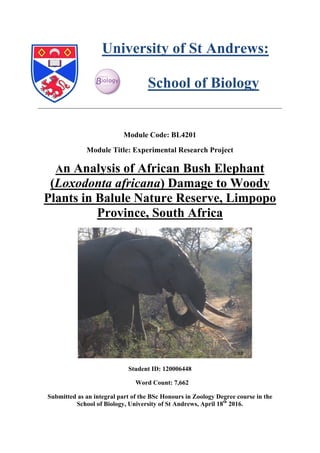 University of St Andrews:
School of Biology
Module Code: BL4201
Module Title: Experimental Research Project
An Analysis of African Bush Elephant
(Loxodonta africana) Damage to Woody
Plants in Balule Nature Reserve, Limpopo
Province, South Africa
Student ID: 120006448
Word Count: 7,662
Submitted as an integral part of the BSc Honours in Zoology Degree course in the
School of Biology, University of St Andrews, April 18th
2016.
@RR
 
