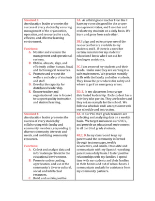 Standard 3:
An education leader promotes the
success of every student by ensuring
management of the organization,
operation, and resources for a safe,
efficient, and effective learning
environment.
Functions:
A. Monitor and evaluate the
management and operational
systems.
B. Obtain, allocate, align, and
efficiently utilize human, fiscal,
and technological resources.
C. Promote and protect the
welfare and safety of students
and staff.
D. Develop the capacity for
distributed leadership.
E. Ensure teacher and
organizational time is focused
to support quality instruction
and student learning.
3A. As a third grade teacher I feel like I
have my room designed for the proper
management status, and I monitor and
evaluate my students on a daily basis. We
learn and grow from each other.
3B. I align and make proper use of the
resources that are available to my
students and I . If there is a need for
certain materials for my students’
education I know who I can ask for
funding or assistance.
3C. I am aware of my students and their
needs. I make sure they are learning in a
safe environment. We practice monthly
drills with the faculty and other students.
They know the procedures for safety and
where to go if an emergency arises.
3D, E. In my classroom I encourage
distributed leadership. Each student has a
role they take part in. They are leaders and
they set an example for the school. We
follow a schedule and I am consistent with
our schedule and instruction.
Standard 4:
An education leader promotes the
success of every student by
collaborating with faculty and
community members, responding to
diverse community interests and
needs, and mobilizing community
resources.
Functions:
A. Collect and analyze data and
information pertinent to the
educational environment.
B. Promote understanding,
appreciation, and use of the
community’s diverse cultural,
social, and intellectual
resources.
C. Build and sustain positive
4A. In our PLC third grade team we are
collecting and analyzing data on a weekly
basis. We target and assess our GVC’s ,
and provide an educational environment
to all the third grade students.
4B,C, D. In my classroom I keep my
parents and the community informed
through text messages, weekly
newsletters, and emails. I translate and
communicate with my Spanish -speaking
parents on a daily basis. I foster positive
relationships with my families. I spend
time with my students and their families
in their homes and out of school hours. I
communicate and ask for assistance from
my community partners.
 