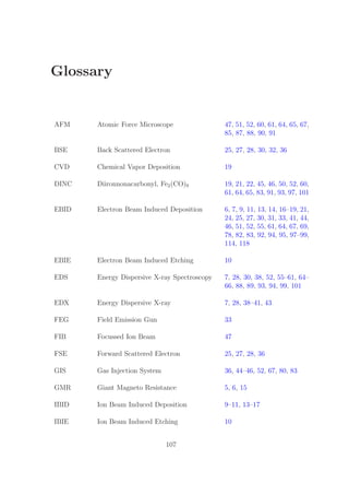 Glossary
AFM Atomic Force Microscope 47, 51, 52, 60, 61, 64, 65, 67,
85, 87, 88, 90, 91
BSE Back Scattered Electron 25, 27, 28, 30, 32, 36
CVD Chemical Vapor Deposition 19
DINC Diironnonacarbonyl, Fe2(CO)9 19, 21, 22, 45, 46, 50, 52, 60,
61, 64, 65, 83, 91, 93, 97, 101
EBID Electron Beam Induced Deposition 6, 7, 9, 11, 13, 14, 16–19, 21,
24, 25, 27, 30, 31, 33, 41, 44,
46, 51, 52, 55, 61, 64, 67, 69,
78, 82, 83, 92, 94, 95, 97–99,
114, 118
EBIE Electron Beam Induced Etching 10
EDS Energy Dispersive X-ray Spectroscopy 7, 28, 30, 38, 52, 55–61, 64–
66, 88, 89, 93, 94, 99, 101
EDX Energy Dispersive X-ray 7, 28, 38–41, 43
FEG Field Emission Gun 33
FIB Focussed Ion Beam 47
FSE Forward Scattered Electron 25, 27, 28, 36
GIS Gas Injection System 36, 44–46, 52, 67, 80, 83
GMR Giant Magneto Resistance 5, 6, 15
IBID Ion Beam Induced Deposition 9–11, 13–17
IBIE Ion Beam Induced Etching 10
107
 