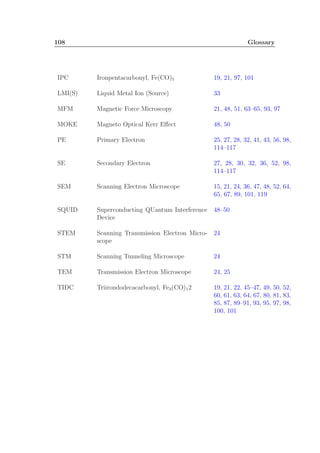 108 Glossary
IPC Ironpentacarbonyl, Fe(CO)5 19, 21, 97, 101
LMI(S) Liquid Metal Ion (Source) 33
MFM Magnetic Force Microscopy 21, 48, 51, 63–65, 93, 97
MOKE Magneto Optical Kerr Eﬀect 48, 50
PE Primary Electron 25, 27, 28, 32, 41, 43, 56, 98,
114–117
SE Secondary Electron 27, 28, 30, 32, 36, 52, 98,
114–117
SEM Scanning Electron Microscope 15, 21, 24, 36, 47, 48, 52, 64,
65, 67, 89, 101, 119
SQUID Superconducting QUantum Interference
Device
48–50
STEM Scanning Transmission Electron Micro-
scope
24
STM Scanning Tunneling Microscope 24
TEM Transmission Electron Microscope 24, 25
TIDC Triirondodecacarbonyl, Fe3(CO)12 19, 21, 22, 45–47, 49, 50, 52,
60, 61, 63, 64, 67, 80, 81, 83,
85, 87, 89–91, 93, 95, 97, 98,
100, 101
 